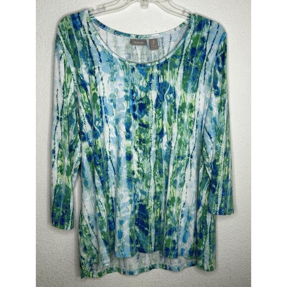 Chico's Shirt Womens 3 US XL Blue Green Abstract Tie Dye 3/4 Sleeve Scoop Neck - Picture 1 of 10